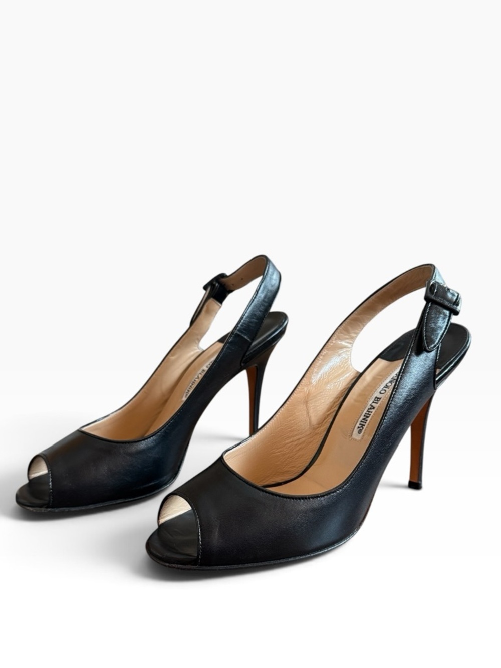 MANOLO BLAHNIK Carolyne  Black Leather Peep-Toe Slingback Heels EU 39.5 US 9.5